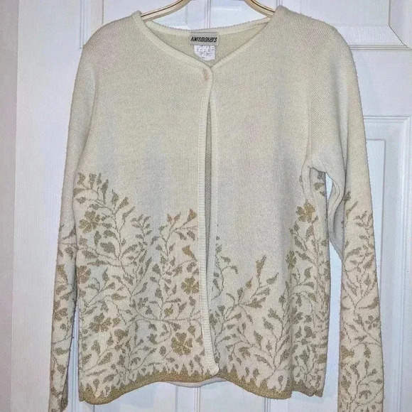 Knitmakers Sweater Womens Small White & Gold Flowers Cardigan‎ Vintage - Picture 1 of 5